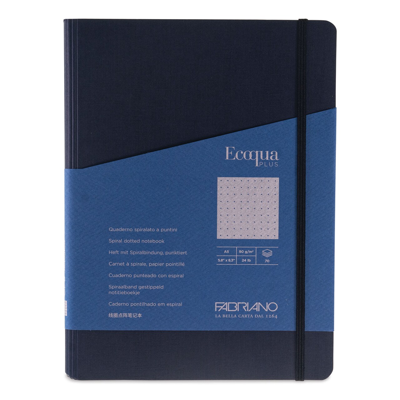 Fabriano Ecoqua Plus Hidden Spiral-Bound Notebook - Navy, 8-1/4" x 5-4/5", Dot Grid